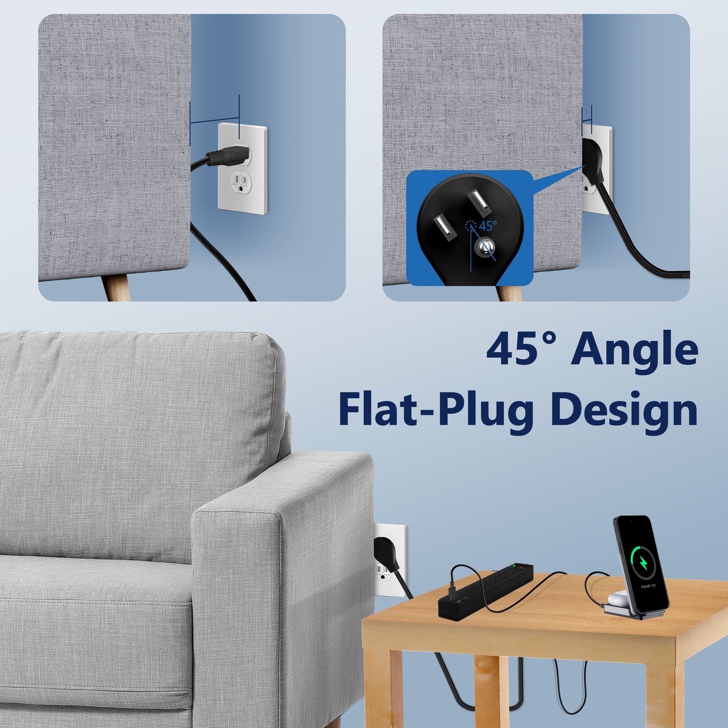 4-Outlet Surge Protected Power Strip with USB Type A and C Charger, 1 Type A and 2 Type C ports, Max 4.2A, Surge Protection Up to 1500J, Off Set 45-degree Angle Thin Plug, 5 Feet Extension Cord