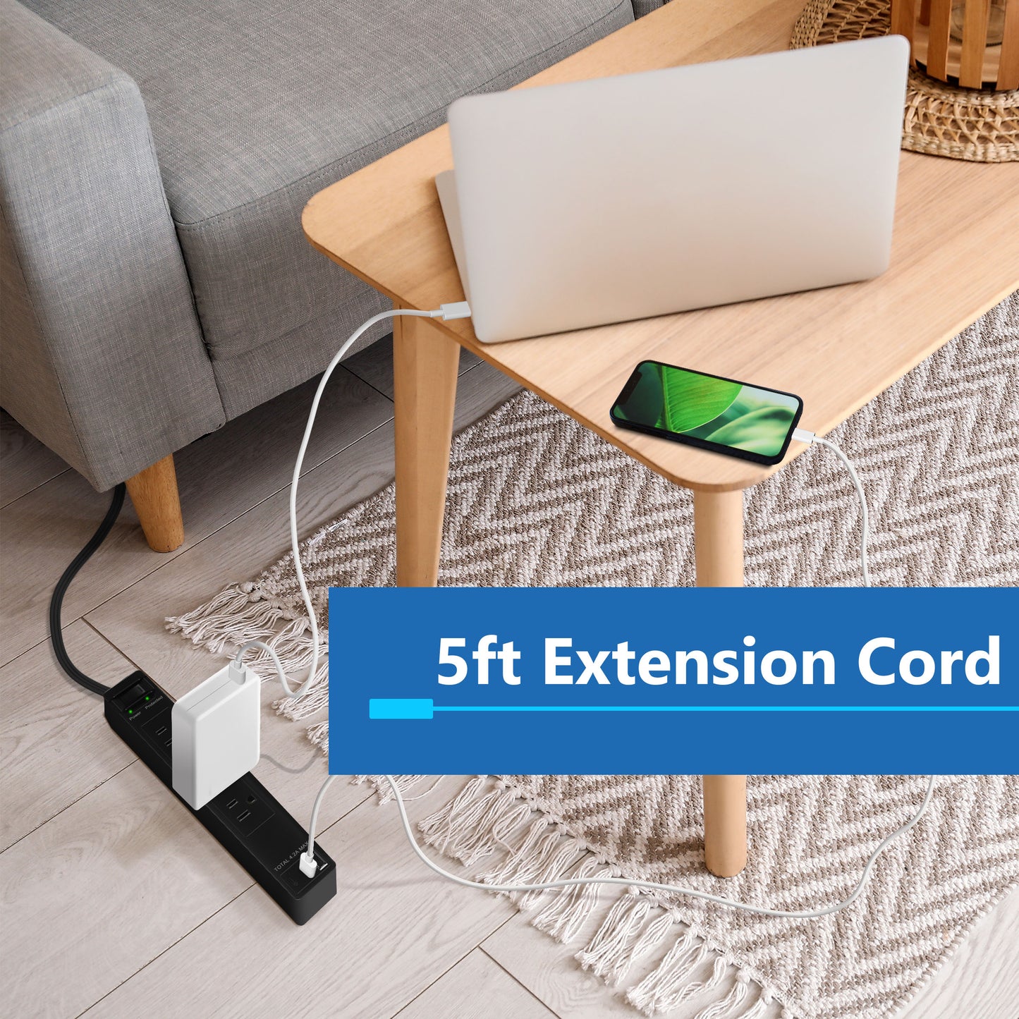 4-Outlet Surge Protected Power Strip with USB Type A and C Charger, 1 Type A and 2 Type C ports, Max 4.2A, Surge Protection Up to 1500J, Off Set 45-degree Angle Thin Plug, 5 Feet Extension Cord
