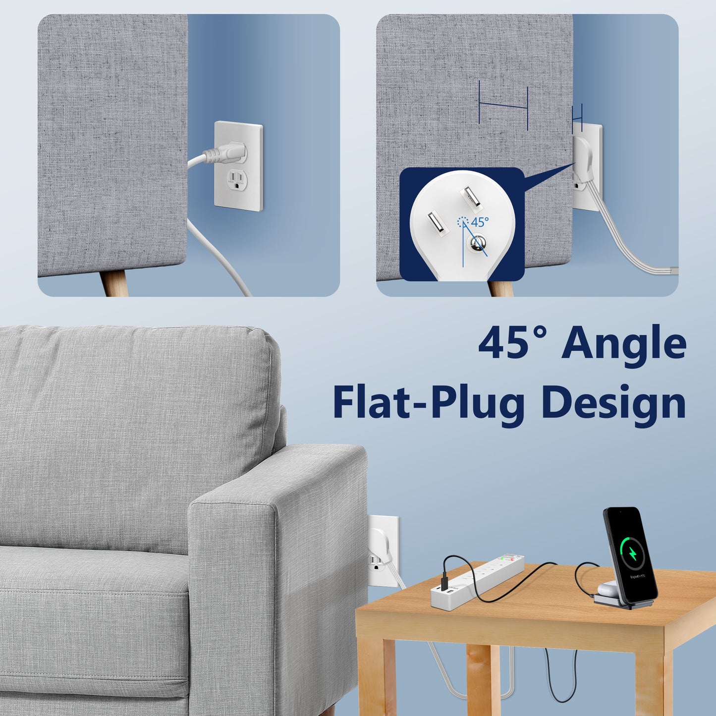 4-Outlet Surge Protected Power Strip with USB Type A and C Charger, 1 Type A and 2 Type C ports, Max 4.2A, Surge Protection Up to 1500J, Off Set 45-degree Angle Thin Plug, 5 Feet Extension Cord