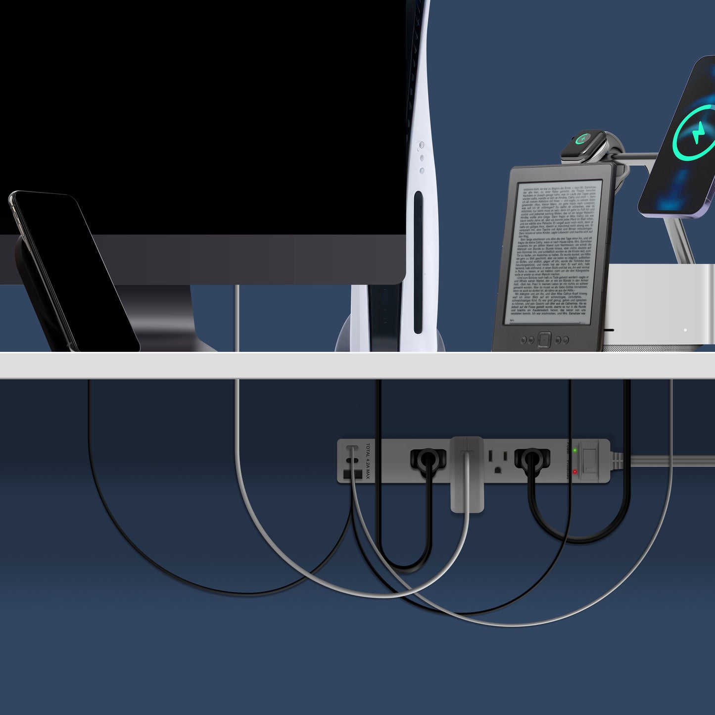 4-Outlet Surge Protected Power Strip with USB Type A and C Charger, 1 Type A and 2 Type C ports, Max 4.2A, Surge Protection Up to 1500J, Off Set 45-degree Angle Thin Plug, 5 Feet Extension Cord