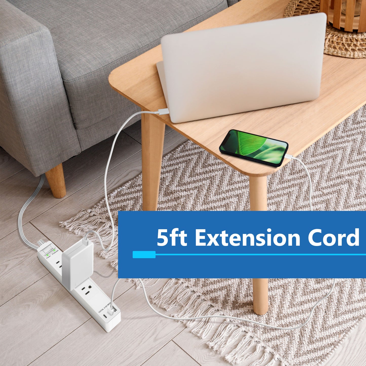 4-Outlet Surge Protected Power Strip with USB Type A and C Charger, 1 Type A and 2 Type C ports, Max 4.2A, Surge Protection Up to 1500J, Off Set 45-degree Angle Thin Plug, 5 Feet Extension Cord