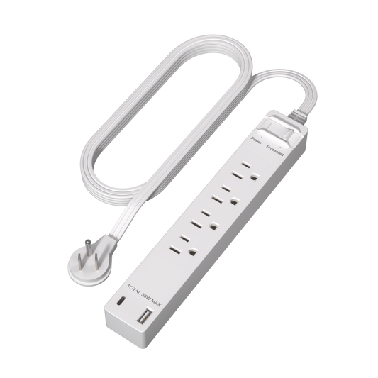 4-Outlet Surge Protected Power Strip with USB Type A and C Charger, 1 Type A and 1 Type C ports, Power Delivery Max 36W, Surge Protection Up to 1500J, Off Set 45-degree Angle Thin Plug, 5 Feet Extension Cord