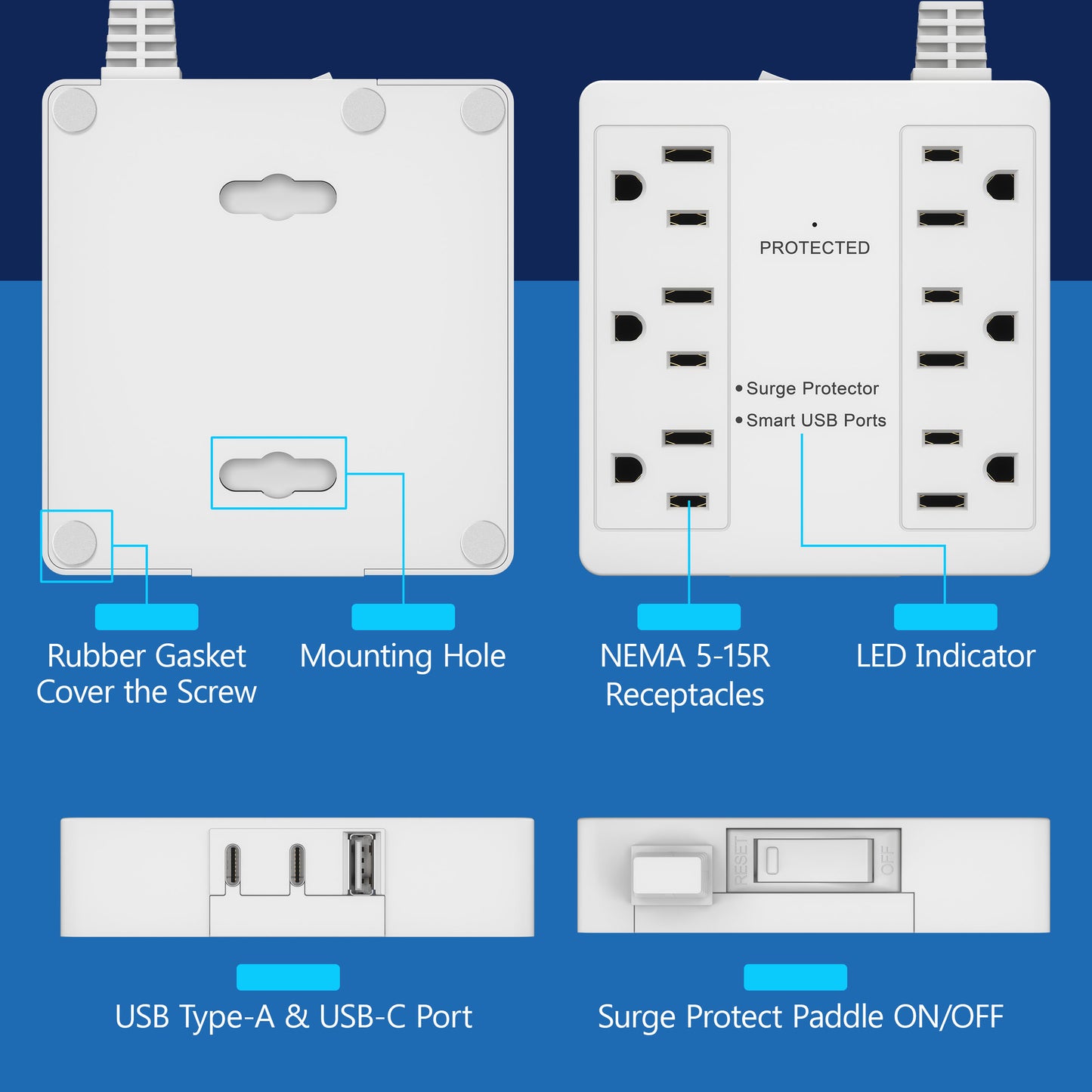 6-Outlet Surge Protected Power Strip with USB Type A and Type C Charger, 1 Type A and 2 Type C ports, Max 4.2A, Surge Protection Up to 1500J, Off Set 45-degree Angle Thin Plug, 5 Feet Extension Cord