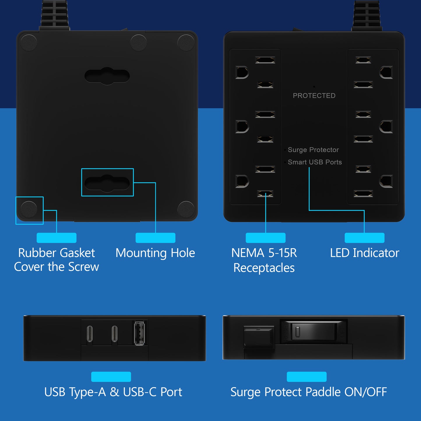 6-Outlet Surge Protected Power Strip with USB Type A and Type C Charger, 1 Type A and 2 Type C ports, Max 4.2A, Surge Protection Up to 1500J, Off Set 45-degree Angle Thin Plug, 5 Feet Extension Cord
