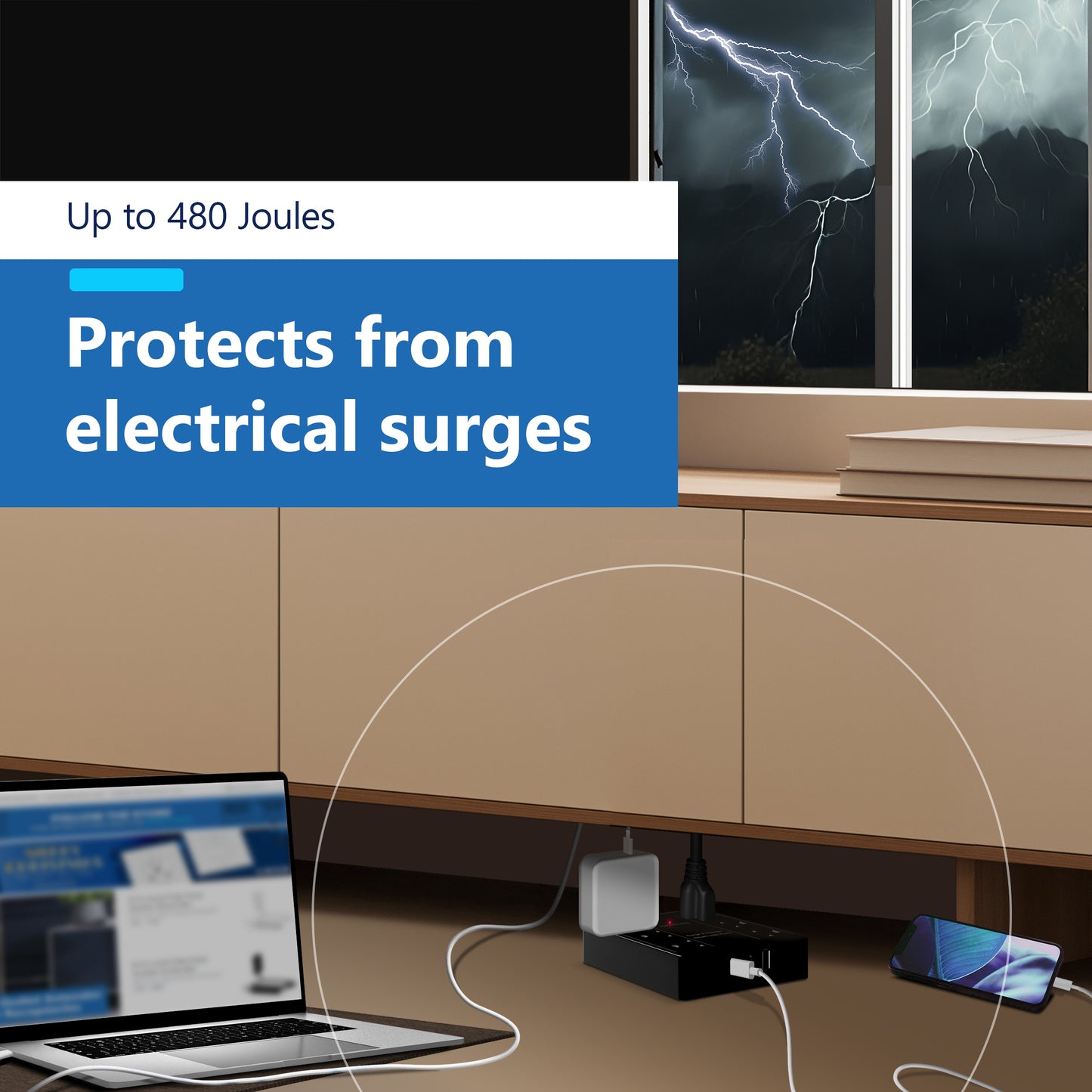 6-Outlet Surge Protected Power Strip with USB Type A and Type C Charger, 1 Type A and 2 Type C ports, Max 4.2A, Surge Protection Up to 1500J, Off Set 45-degree Angle Thin Plug, 5 Feet Extension Cord
