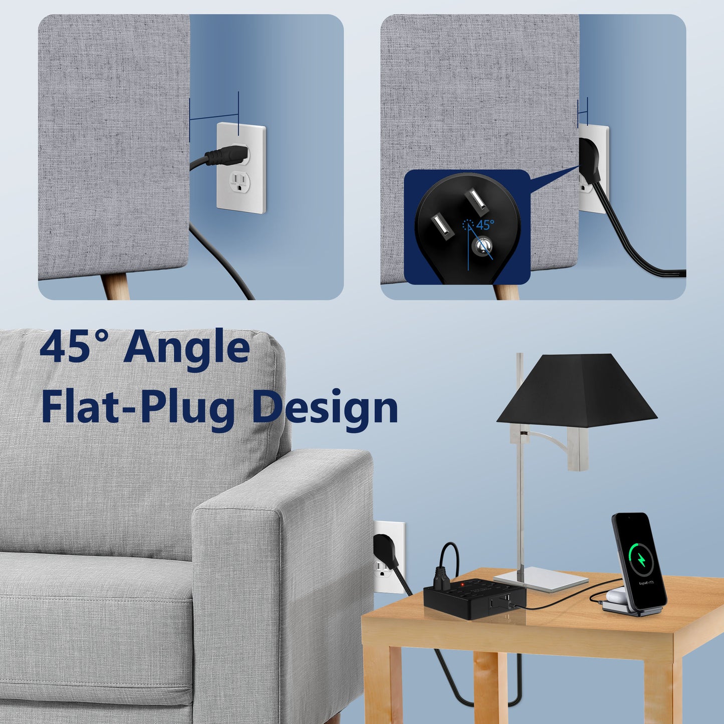 6-Outlet Surge Protected Power Strip with USB Type A and Type C Charger, 1 Type A and 2 Type C ports, Max 4.2A, Surge Protection Up to 1500J, Off Set 45-degree Angle Thin Plug, 5 Feet Extension Cord