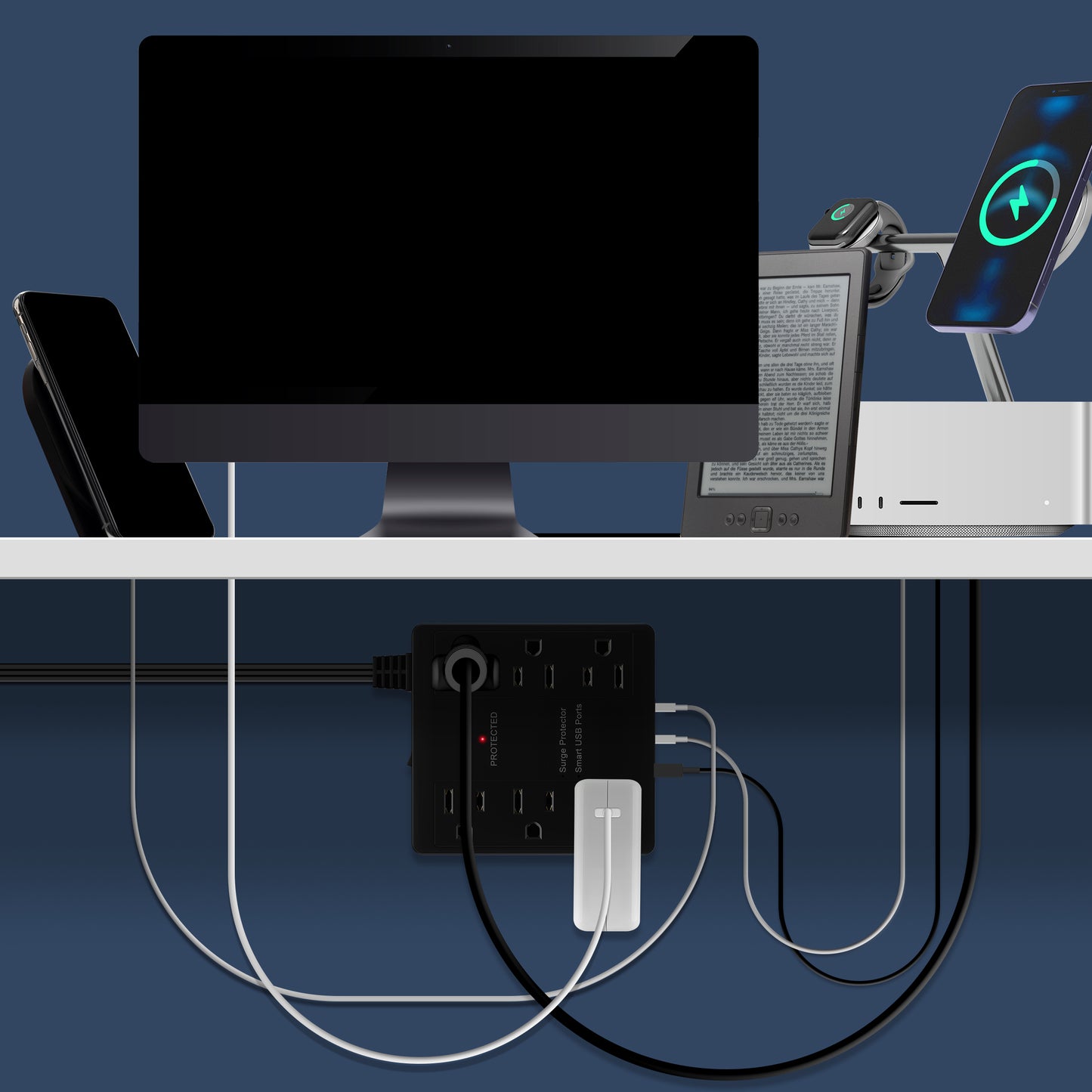 6-Outlet Surge Protected Power Strip with USB Type A and Type C Charger, 1 Type A and 2 Type C ports, Max 4.2A, Surge Protection Up to 1500J, Off Set 45-degree Angle Thin Plug, 5 Feet Extension Cord