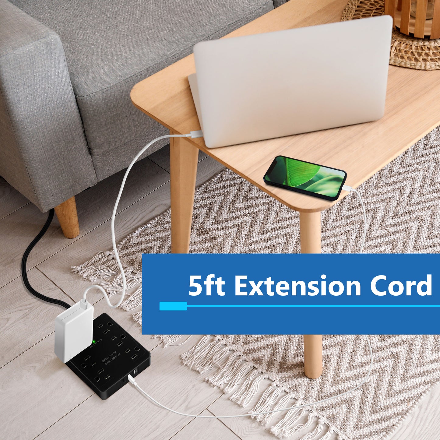 6-Outlet Surge Protected Power Strip with USB Type A and Type C Charger, 1 Type A and 2 Type C ports, Max 4.2A, Surge Protection Up to 1500J, Off Set 45-degree Angle Thin Plug, 5 Feet Extension Cord
