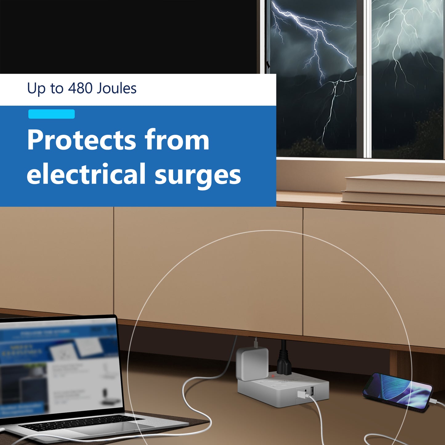 6-Outlet Surge Protected Power Strip with USB Type A and Type C Charger, 1 Type A and 2 Type C ports, Max 4.2A, Surge Protection Up to 1500J, Off Set 45-degree Angle Thin Plug, 5 Feet Extension Cord