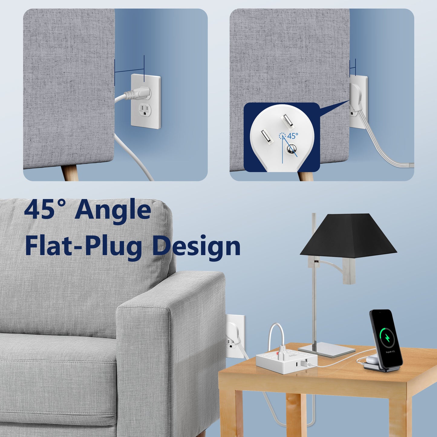 6-Outlet Surge Protected Power Strip with USB Type A and Type C Charger, 1 Type A and 2 Type C ports, Max 4.2A, Surge Protection Up to 1500J, Off Set 45-degree Angle Thin Plug, 5 Feet Extension Cord