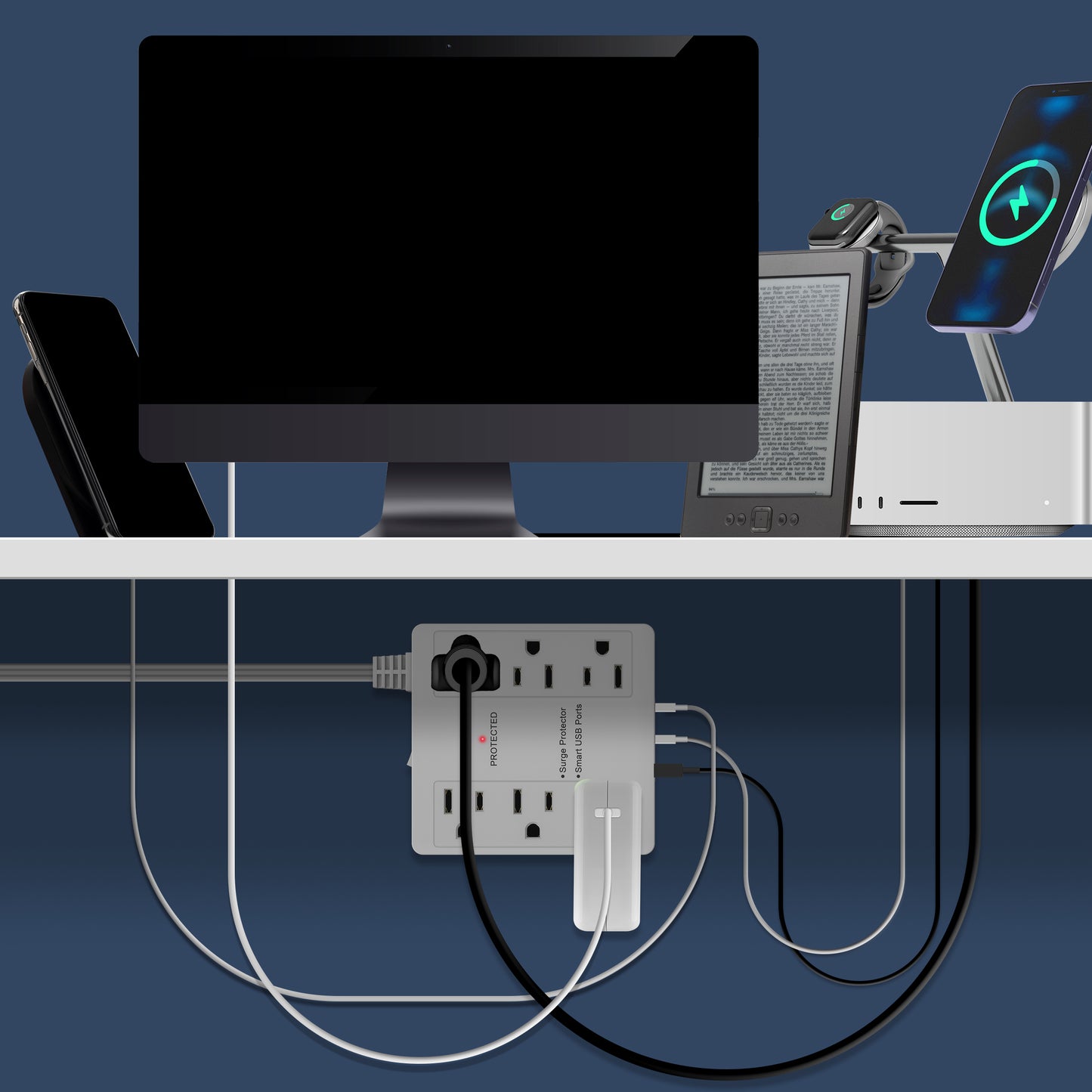 6-Outlet Surge Protected Power Strip with USB Type A and Type C Charger, 1 Type A and 2 Type C ports, Max 4.2A, Surge Protection Up to 1500J, Off Set 45-degree Angle Thin Plug, 5 Feet Extension Cord