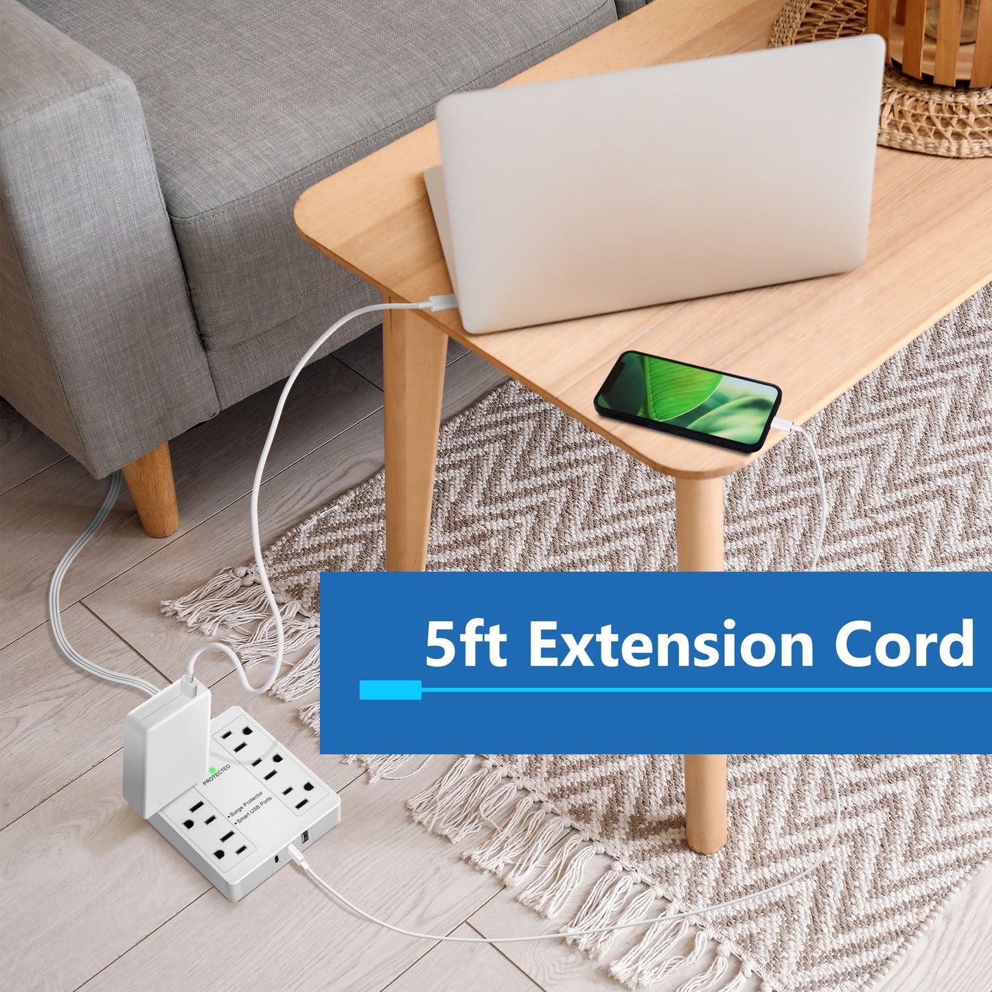 6-Outlet Surge Protected Power Strip with USB Type A and Type C Charger, 1 Type A and 2 Type C ports, Max 4.2A, Surge Protection Up to 1500J, Off Set 45-degree Angle Thin Plug, 5 Feet Extension Cord