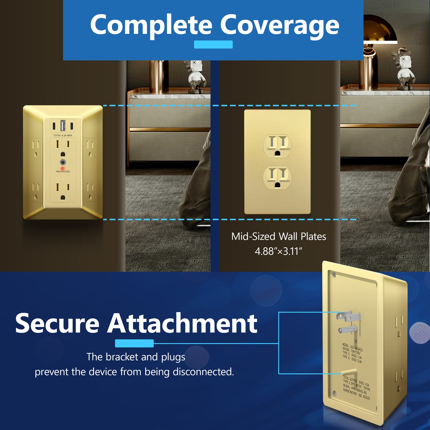 6-Outlet Surge Protector Expander with USB Type A/C, 1 Type A and 2 Type C Ports (4.2A Max), LED Surge Protection Indicator, Protect Up to 1500J, Compatible with Decorator and Standard Duplex