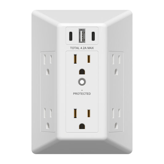 6-Outlet Surge Protector Expander with USB Type A/C, 1 Type A and 2 Type C Ports (4.2A Max), LED Surge Protection Indicator, Protect Up to 1500J, Compatible with Decorator and Standard Duplex