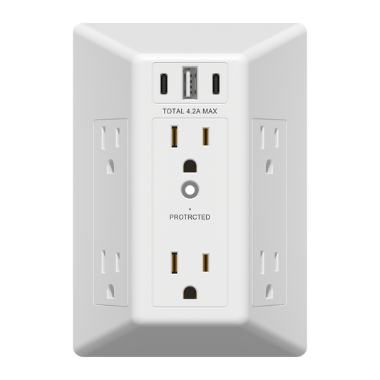 6-Outlet Surge Protector Expander with USB Type A/C, 1 Type A and 2 Type C Ports (4.2A Max), LED Surge Protection Indicator, Protect Up to 1500J, Compatible with Decorator and Standard Duplex