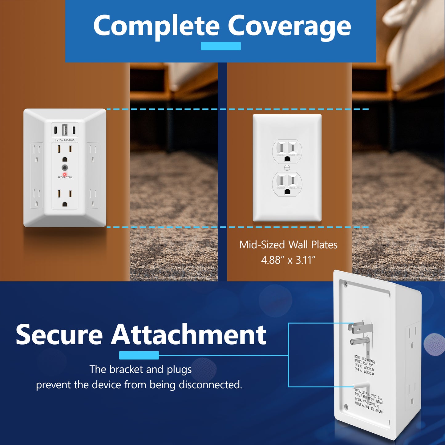6-Outlet Surge Protector Expander with USB Type A/C, 1 Type A and 2 Type C Ports (4.2A Max), LED Surge Protection Indicator, Protect Up to 1500J, Compatible with Decorator and Standard Duplex