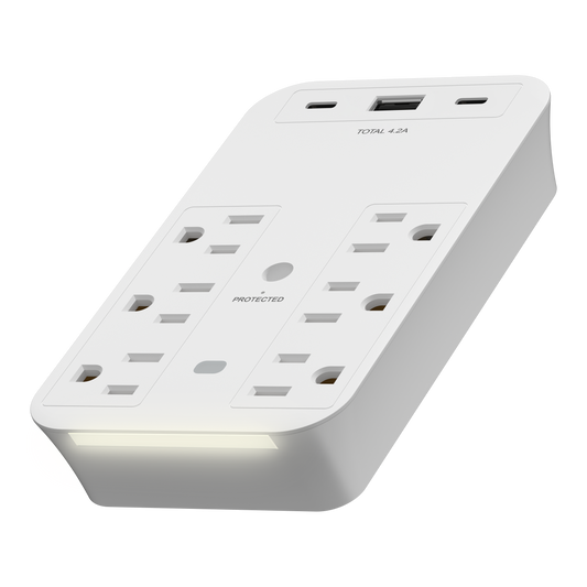 6-Outlet Expander with Surge Protector, USB Type A/C, 1 Type A and 2 Type C Ports (4.2A Max), LED Surge Protection Indicator, Protect Up to 1500J, Compatible with Decorator and Standard Duplex, Guide Light