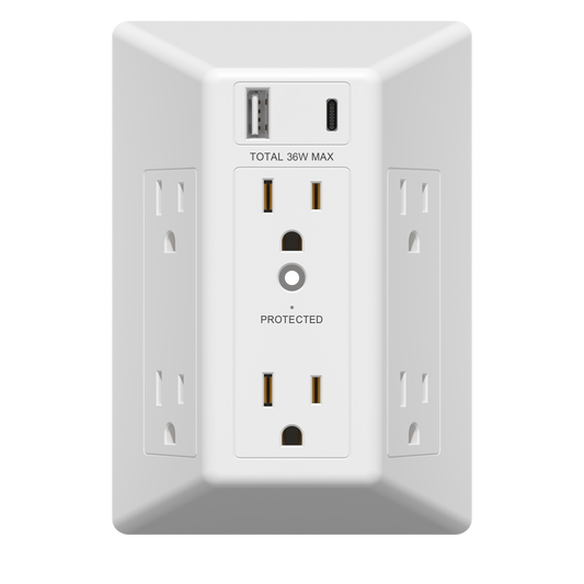 6-Outlet Expander with Surge Protector, USB Type A/C, 1 Type A and 1 Type C Ports, 30W Power Delivery, Max Combined 36W, LED Surge Protection Up to 1500J with LED Indicator, Compatible with Decorator and Standard Duplex Outlet