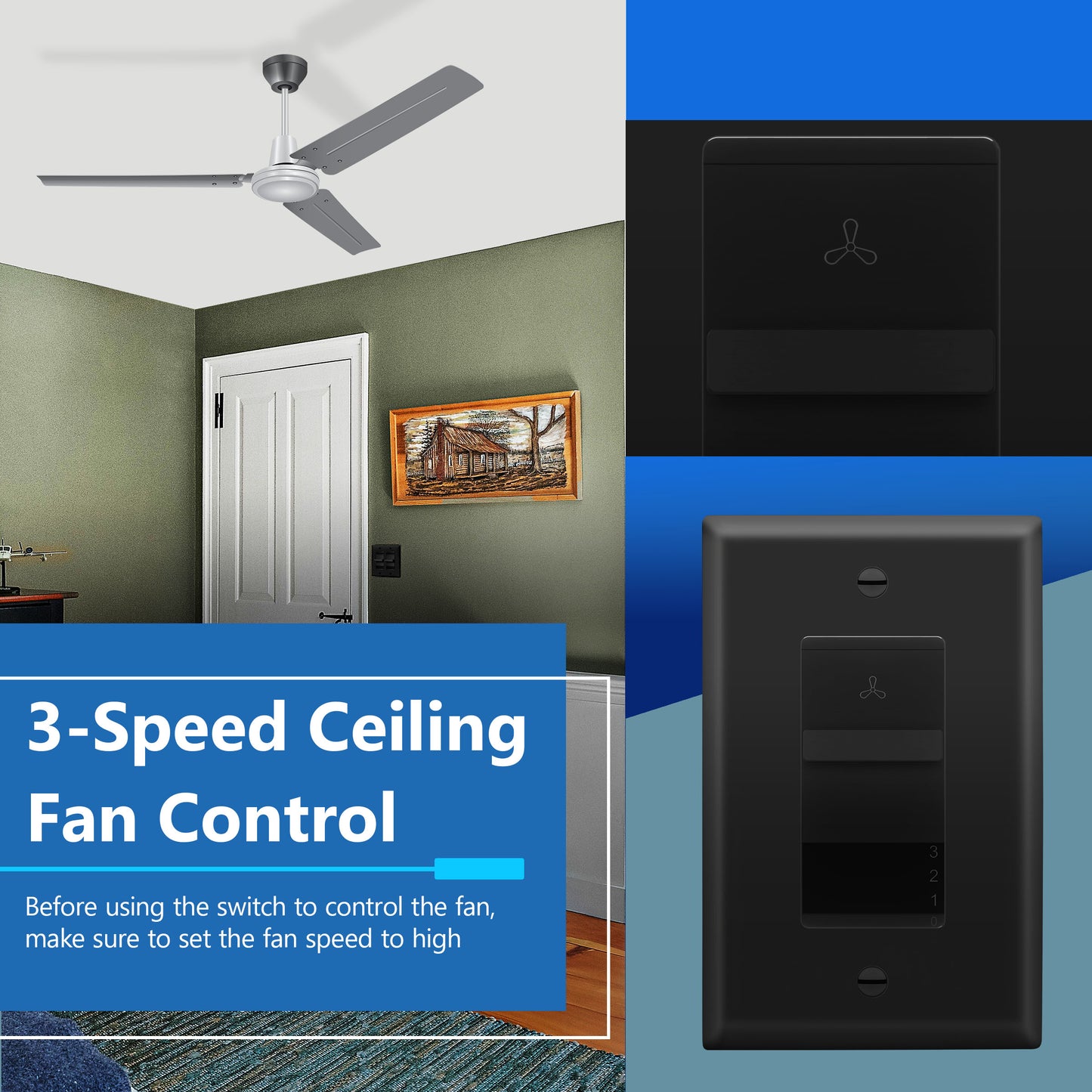 Decorator 3-Speed Ceiling Fan Control Switch, Slider Switch for Fan, Single-Pole, 2.5A, No Neutral Required, Wall Plate Included