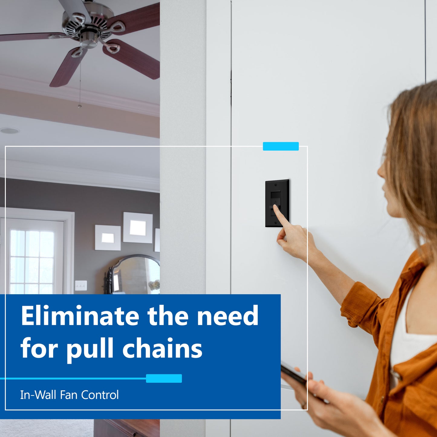 Decorator 3-Speed Ceiling Fan Control Switch, Slider Switch for Fan, Single-Pole, 2.5A, No Neutral Required, Wall Plate Included