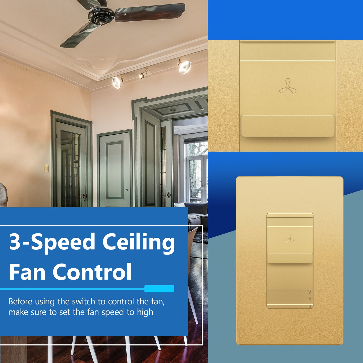 Decorator 3-Speed Ceiling Fan Control Switch, Slider Switch for Fan, Single-Pole, 2.5A, No Neutral Required, Wall Plate Included