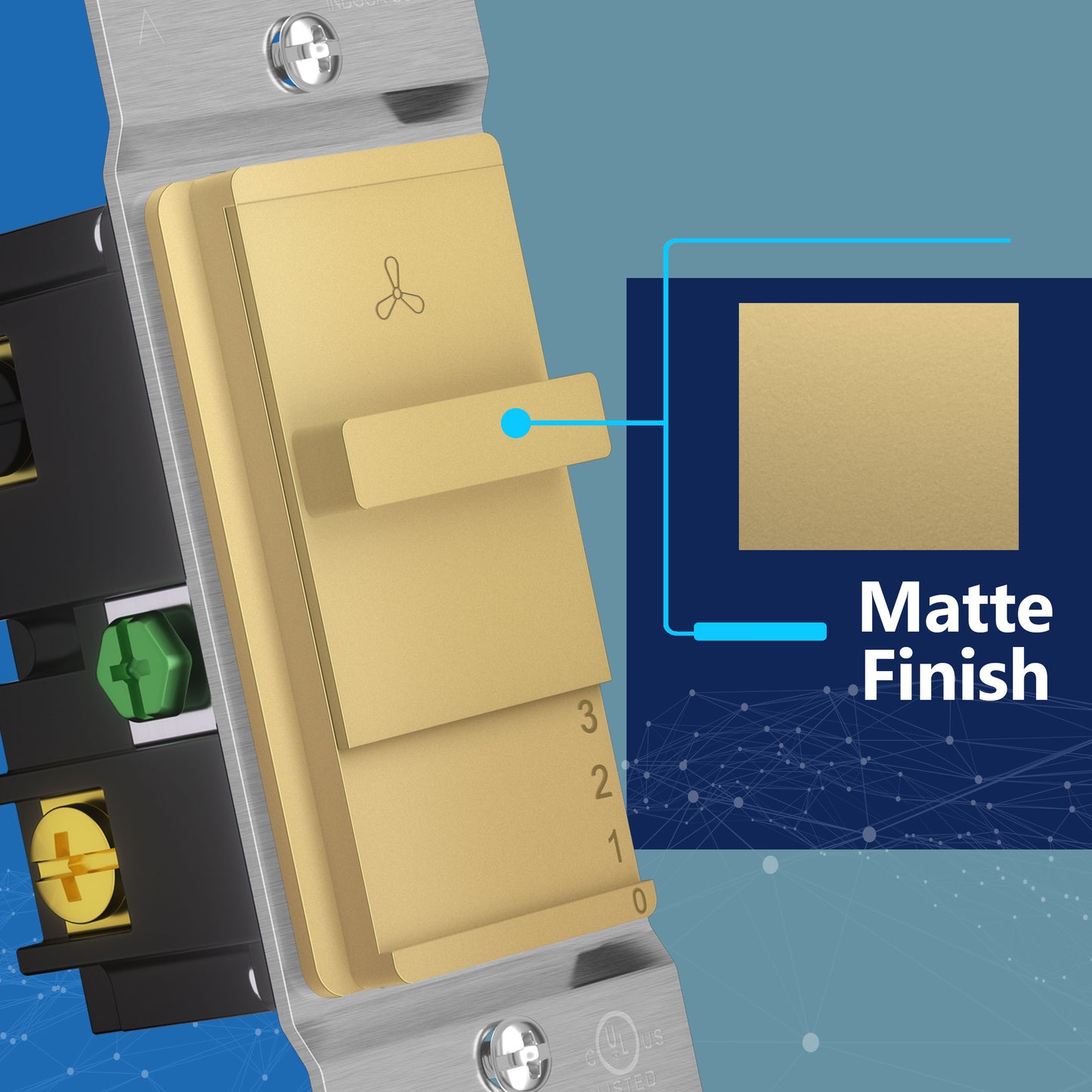 Decorator 3-Speed Ceiling Fan Control Switch, Slider Switch for Fan, Single-Pole, 2.5A, No Neutral Required, Wall Plate Included