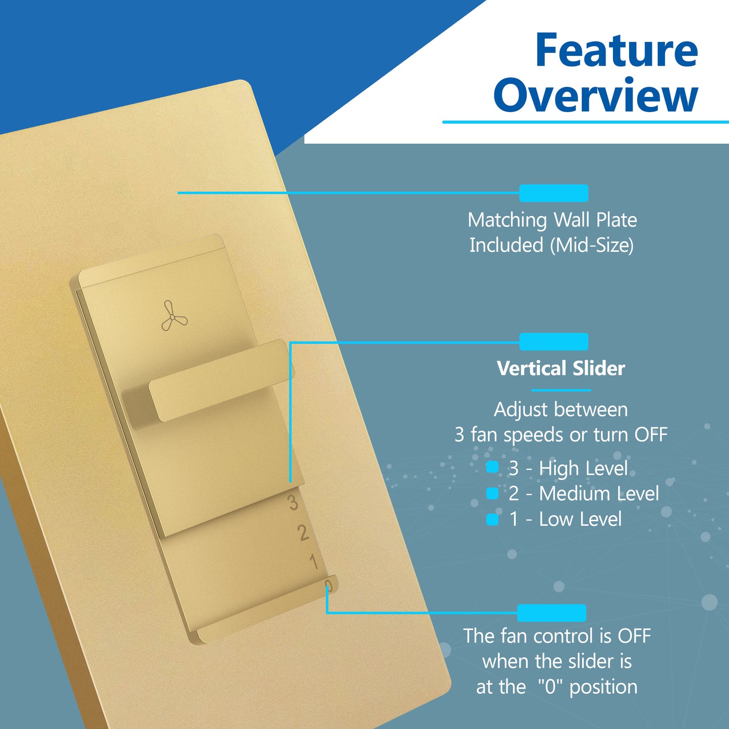 Decorator 3-Speed Ceiling Fan Control Switch, Slider Switch for Fan, Single-Pole, 2.5A, No Neutral Required, Wall Plate Included