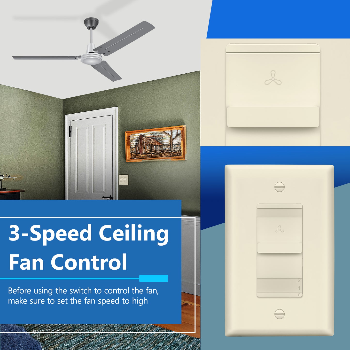 Decorator 3-Speed Ceiling Fan Control Switch, Slider Switch for Fan, Single-Pole, 2.5A, No Neutral Required, Wall Plate Included