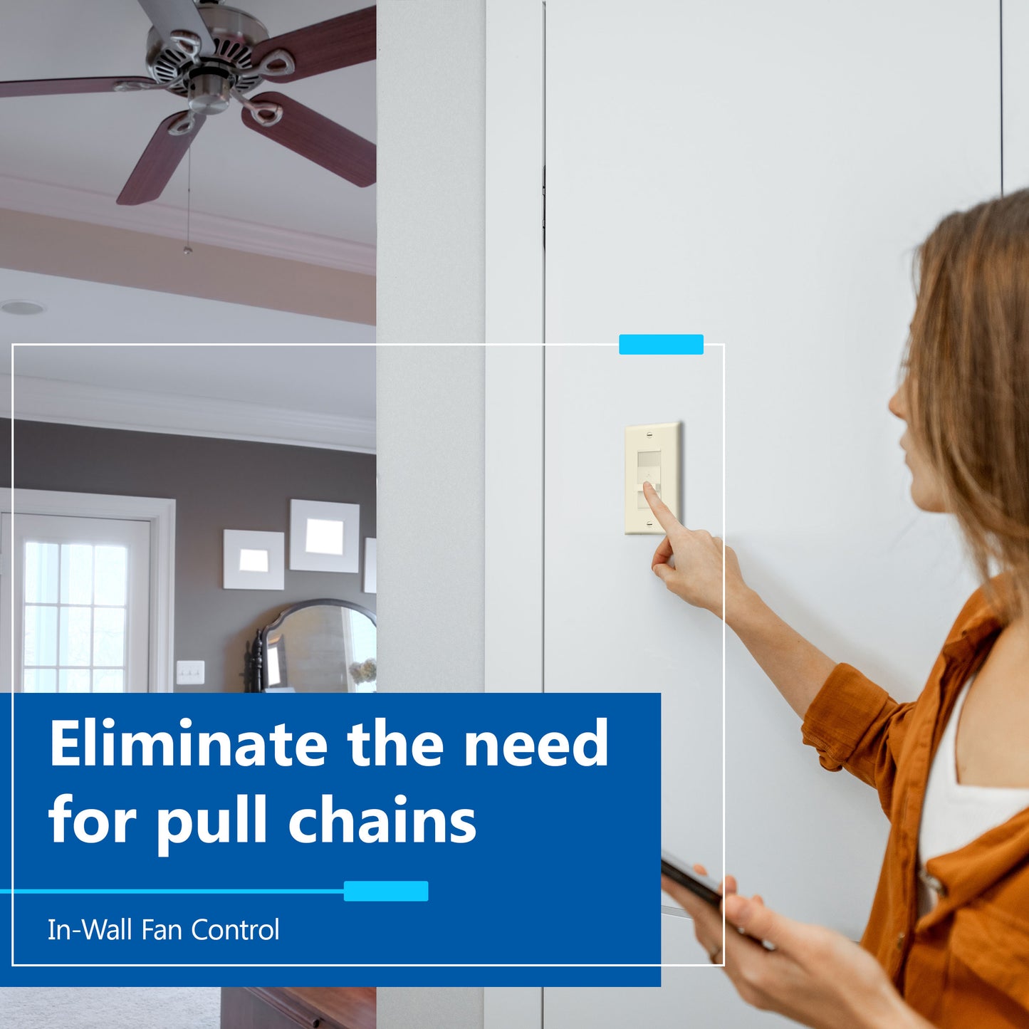 Decorator 3-Speed Ceiling Fan Control Switch, Slider Switch for Fan, Single-Pole, 2.5A, No Neutral Required, Wall Plate Included