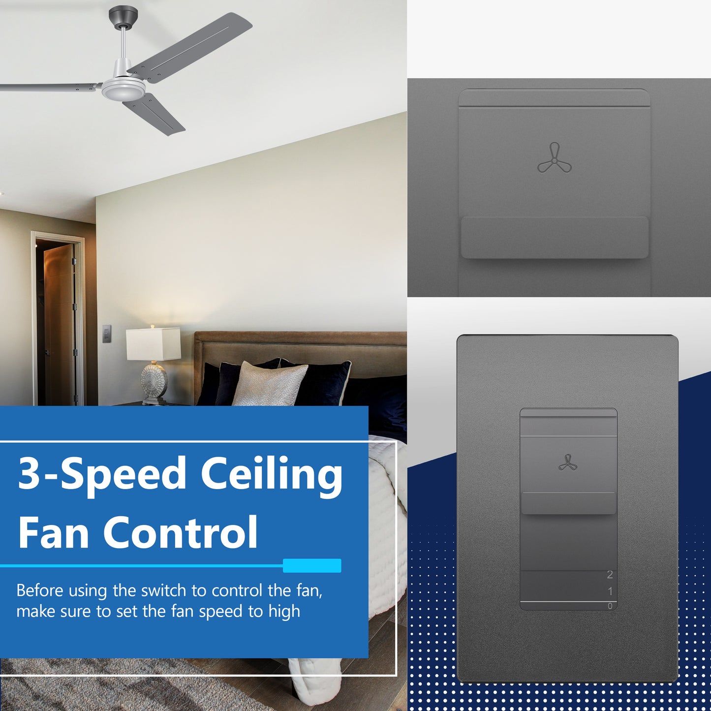 Decorator 3-Speed Ceiling Fan Control Switch, Slider Switch for Fan, Single-Pole, 2.5A, No Neutral Required, Wall Plate Included