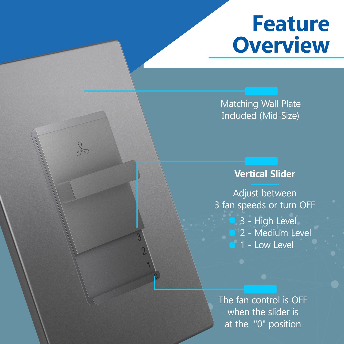 Decorator 3-Speed Ceiling Fan Control Switch, Slider Switch for Fan, Single-Pole, 2.5A, No Neutral Required, Wall Plate Included