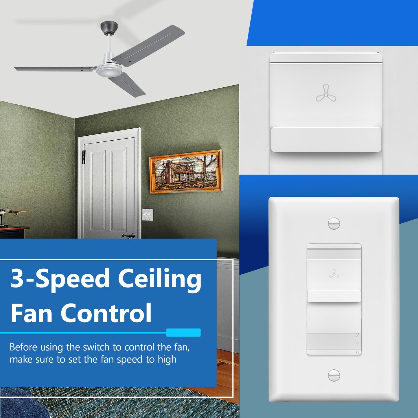 Decorator 3-Speed Ceiling Fan Control Switch, Slider Switch for Fan, Single-Pole, 2.5A, No Neutral Required, Wall Plate Included