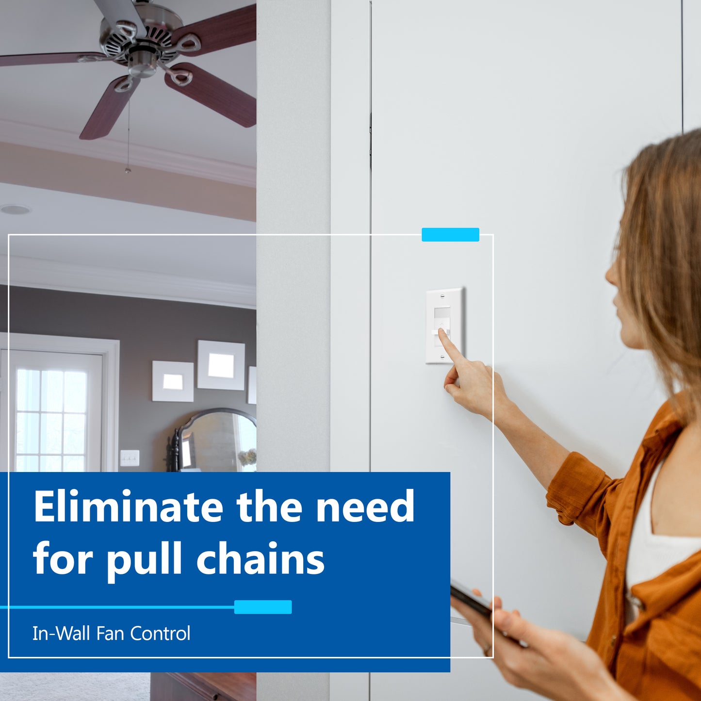 Decorator 3-Speed Ceiling Fan Control Switch, Slider Switch for Fan, Single-Pole, 2.5A, No Neutral Required, Wall Plate Included
