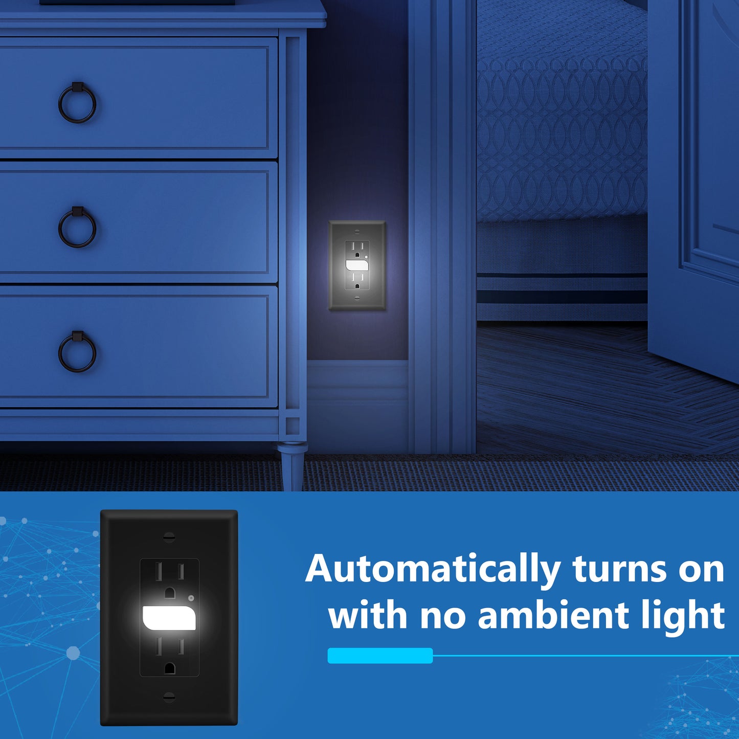 Decorator 15A Tamper-Resistant Receptacles with Guide Light, Night Light Wall Outlet with Daylight Sensor, LED Guide Light, Wall Plate Included