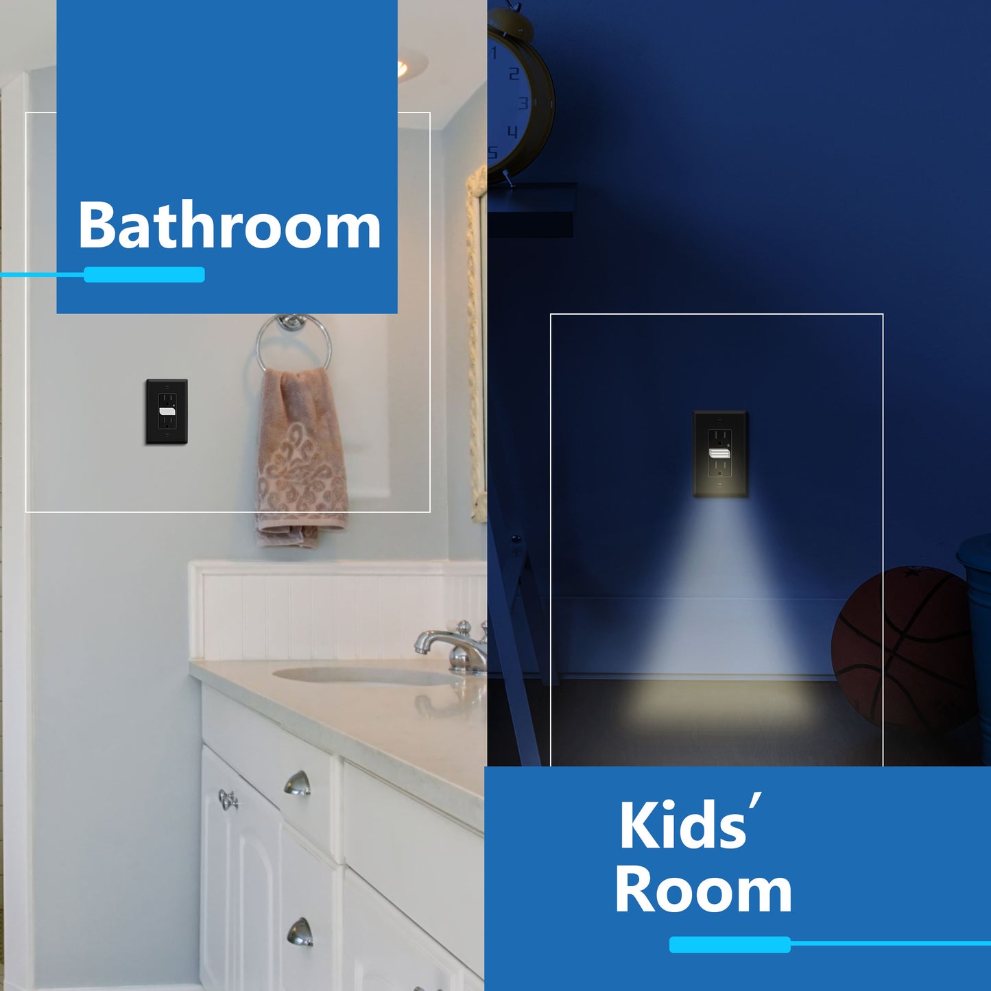 Decorator 15A Tamper-Resistant Receptacles with Guide Light, Night Light Wall Outlet with Daylight Sensor, LED Guide Light, Wall Plate Included