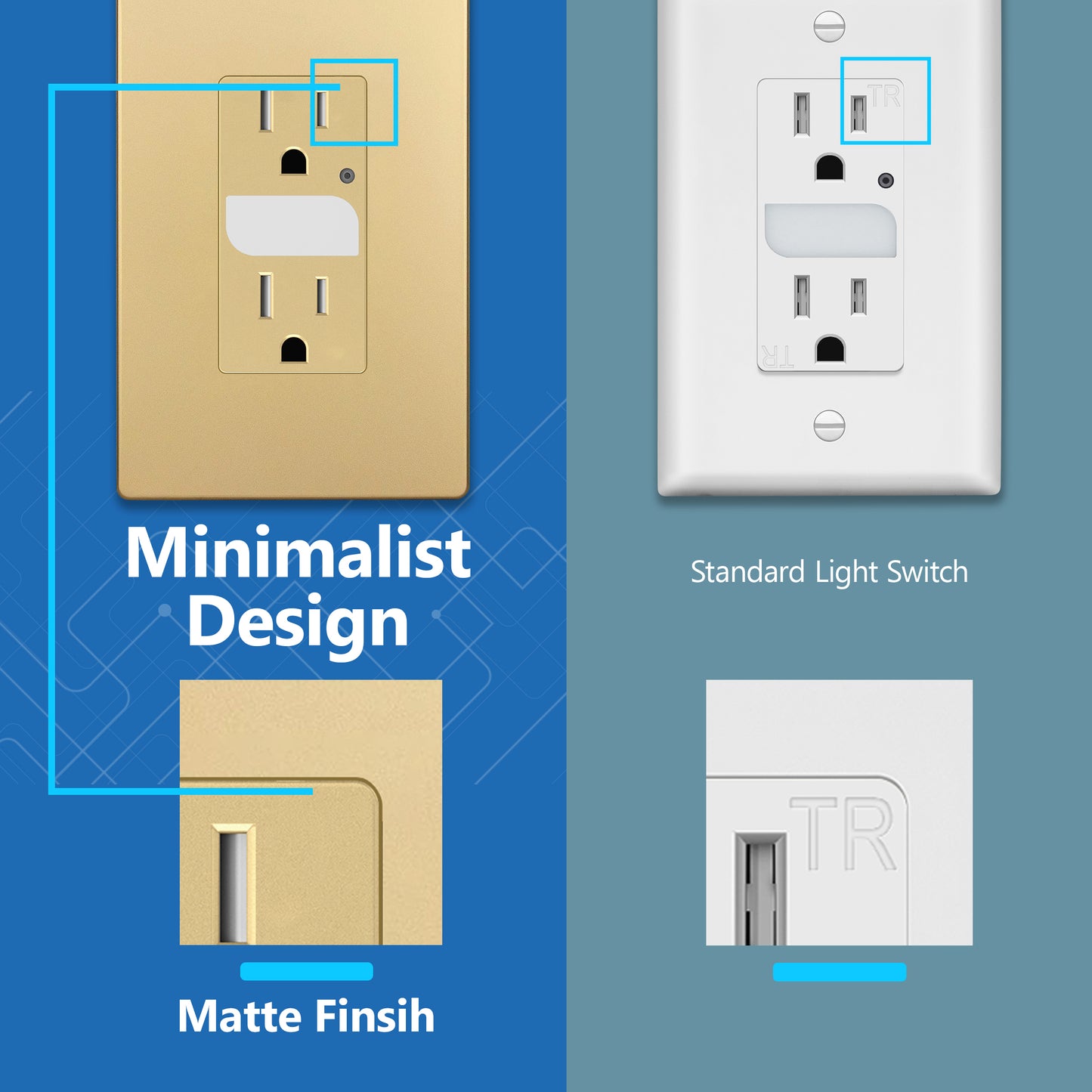 Decorator 15A Tamper-Resistant Receptacles with Guide Light, Night Light Wall Outlet with Daylight Sensor, LED Guide Light, Wall Plate Included