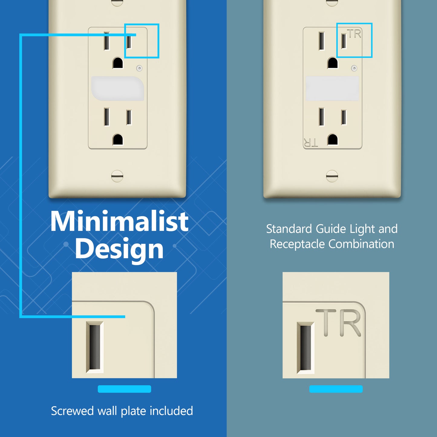 Decorator 15A Tamper-Resistant Receptacles with Guide Light, Night Light Wall Outlet with Daylight Sensor, LED Guide Light, Wall Plate Included