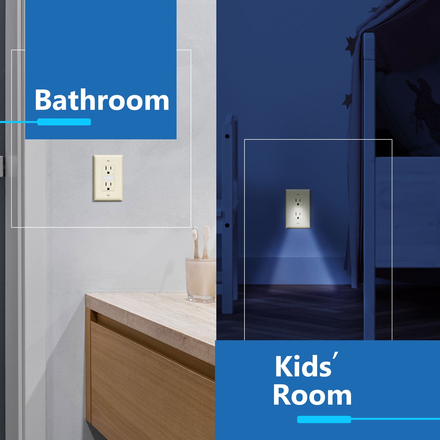 Decorator 15A Tamper-Resistant Receptacles with Guide Light, Night Light Wall Outlet with Daylight Sensor, LED Guide Light, Wall Plate Included