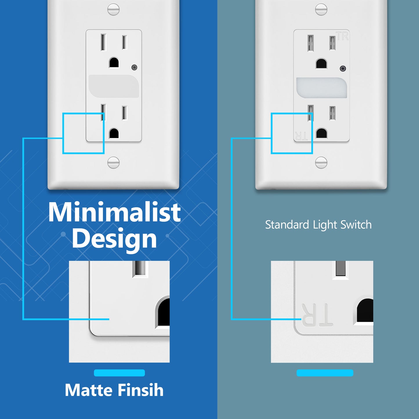 Decorator 15A Tamper-Resistant Receptacles with Guide Light, Night Light Wall Outlet with Daylight Sensor, LED Guide Light, Wall Plate Included