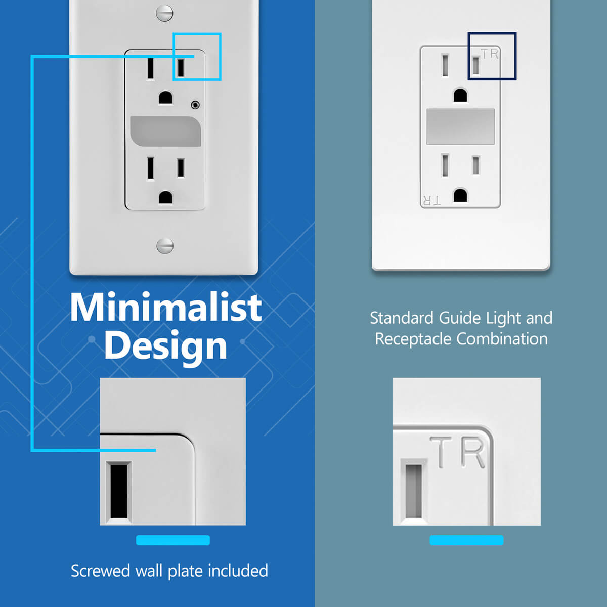 Decorator 15A Tamper-Resistant Receptacles with Guide Light, Night Light Wall Outlet with Daylight Sensor, LED Guide Light, Wall Plate Included