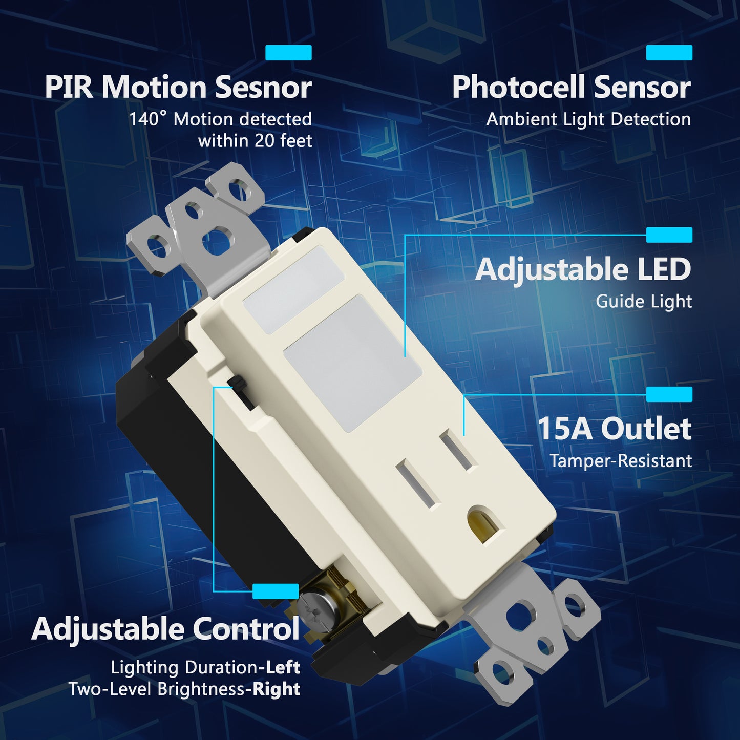 15A Receptacle with PIR Motion Sensor and Guide Light, Tamper-Resistant, Wall Plate Included