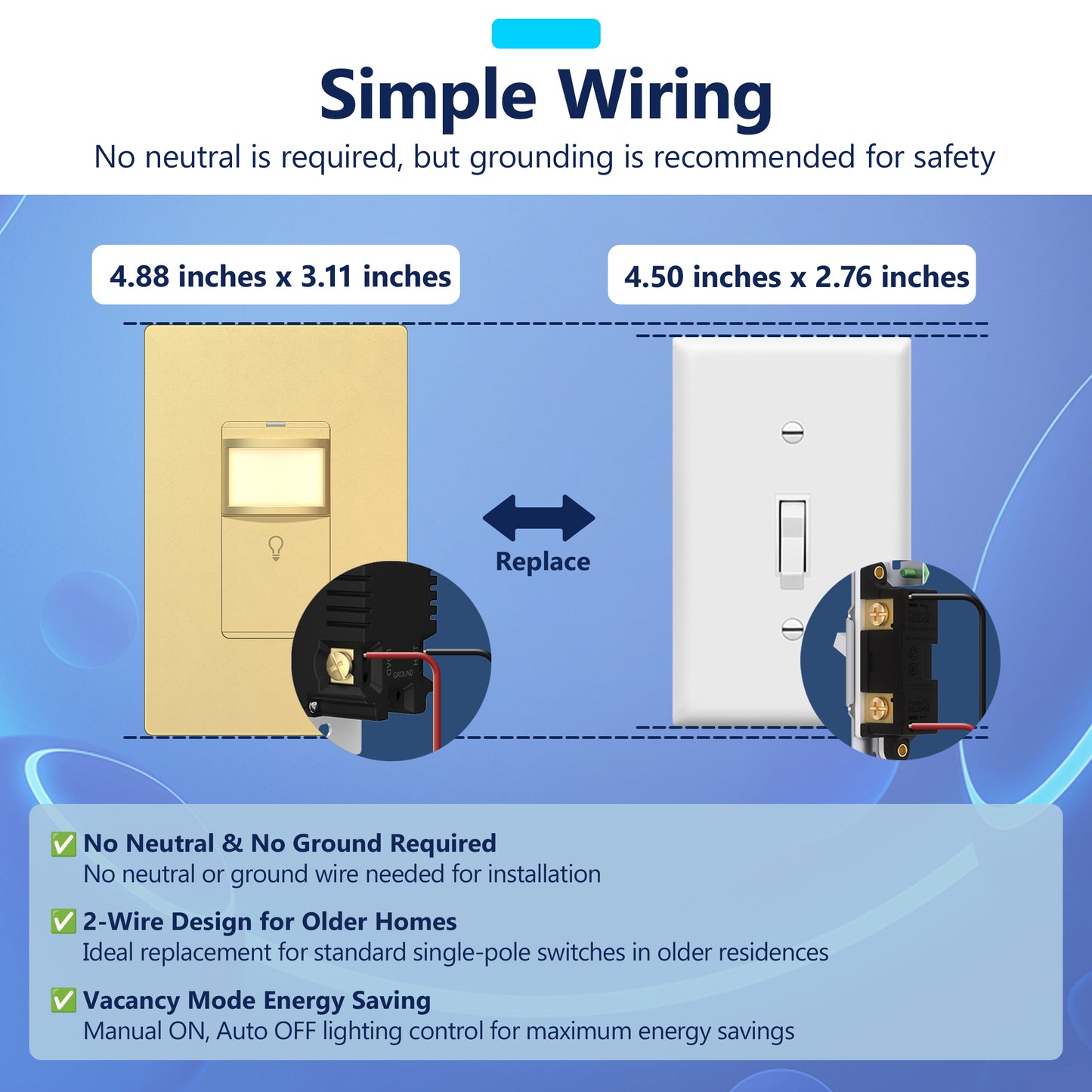 PIR Motion Sensor Switch with LED Guide Light, No Neutral or Ground Required, UL Listed, Wall Plate Included