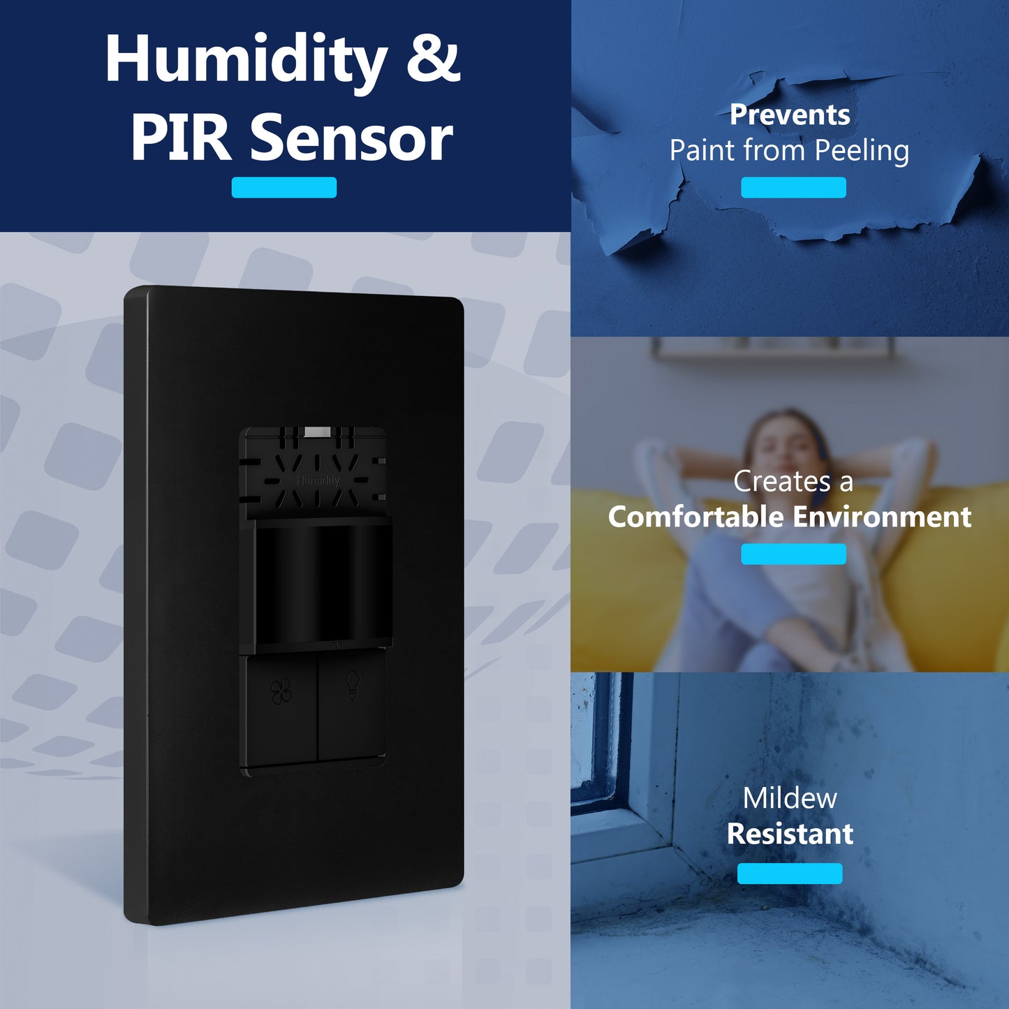 Dual Technology Humidity Sensor and Motion Sensor Light Switch, Fan and Light Control, PIR Sensor, Occupancy/Vacancy, Single-Pole, No Neutral Required, Ground Required, Wall Plate Included