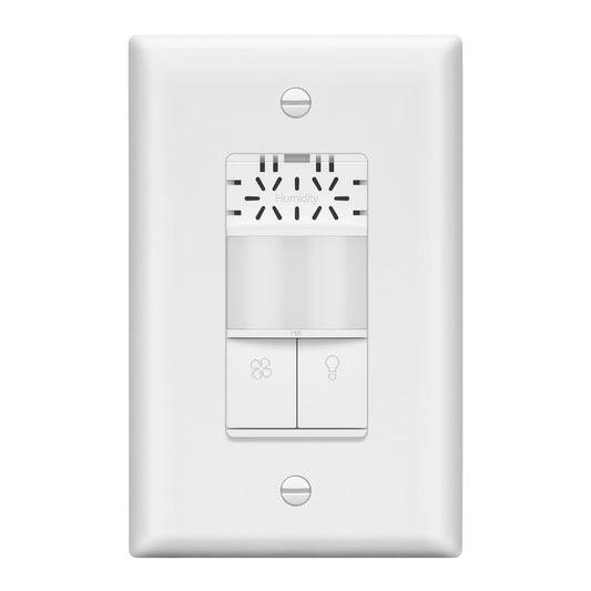 Dual Technology Humidity Sensor and Motion Sensor Light Switch, Fan and Light Control, PIR Sensor, Occupancy/Vacancy, Single-Pole, No Neutral Required, Ground Required, Wall Plate Included