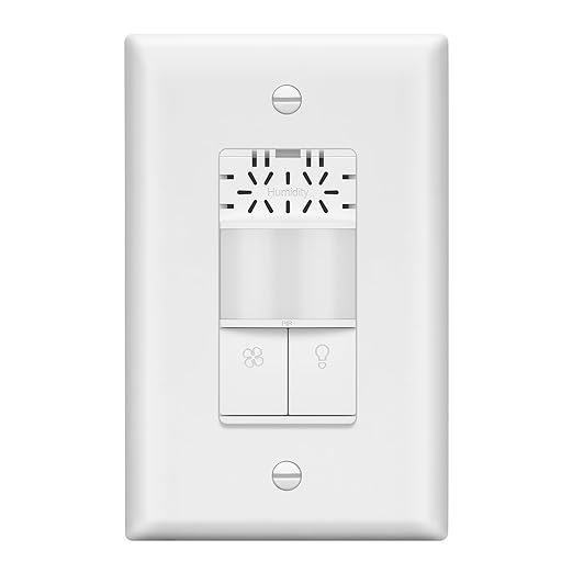 Dual Technology Humidity Sensor and Motion Sensor Light Switch, Fan and Light Control, PIR Sensor, Occupancy/Vacancy, Single-Pole, No Neutral Required, Ground Required, Wall Plate Included