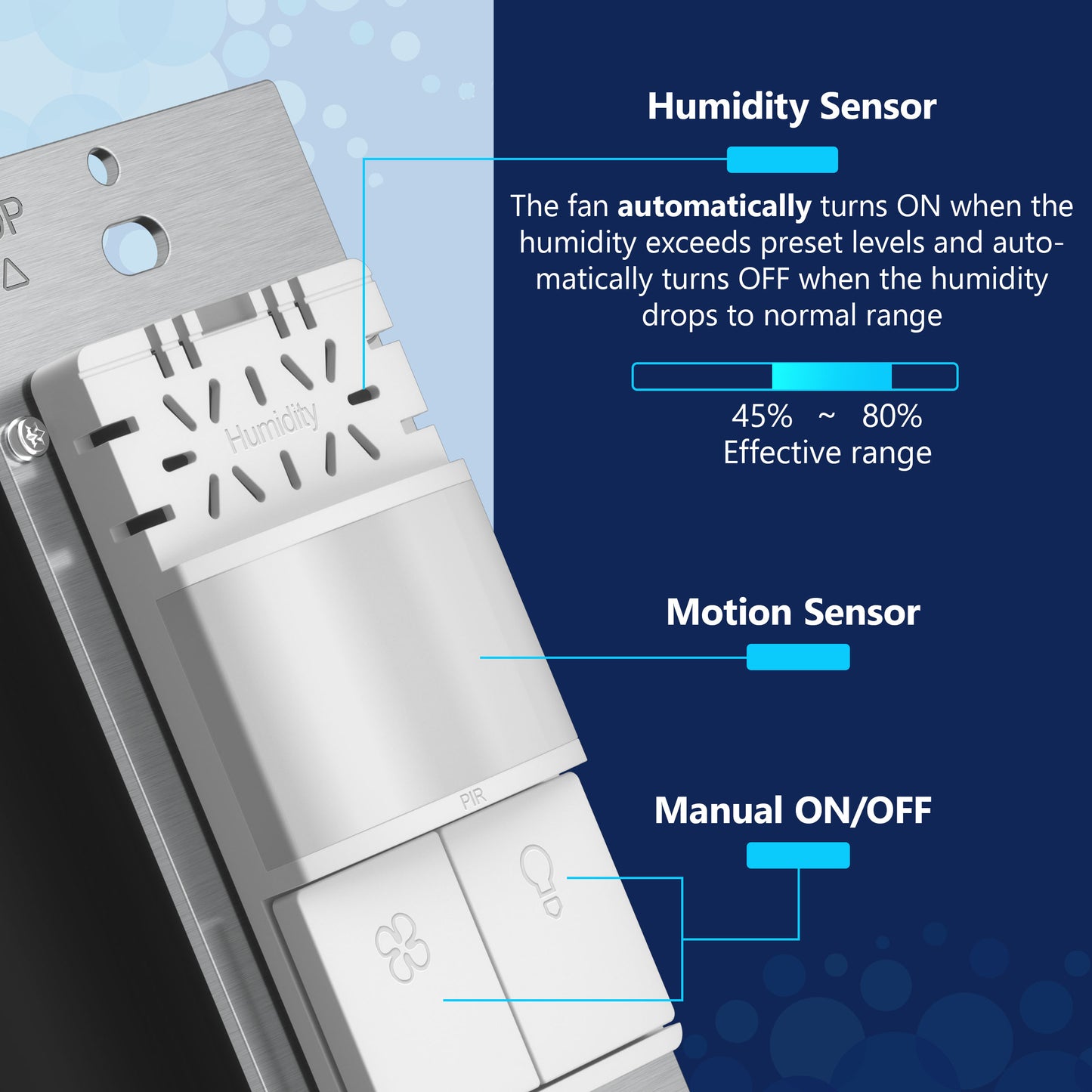 Dual Technology Humidity Sensor and Motion Sensor Light Switch, Fan and Light Control, PIR Sensor, Occupancy/Vacancy, Single-Pole, No Neutral Required, Ground Required, Wall Plate Included