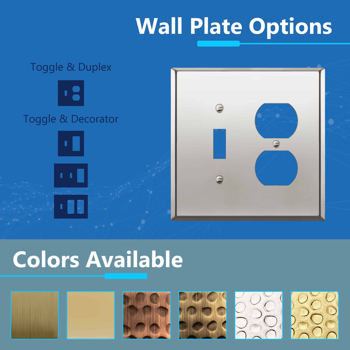 Combination Toggle Switch and Duplex Receptacle Metal Wall Plate, Corrosion Resistant, Stainless Steel, 2-Gang, Mid-Size