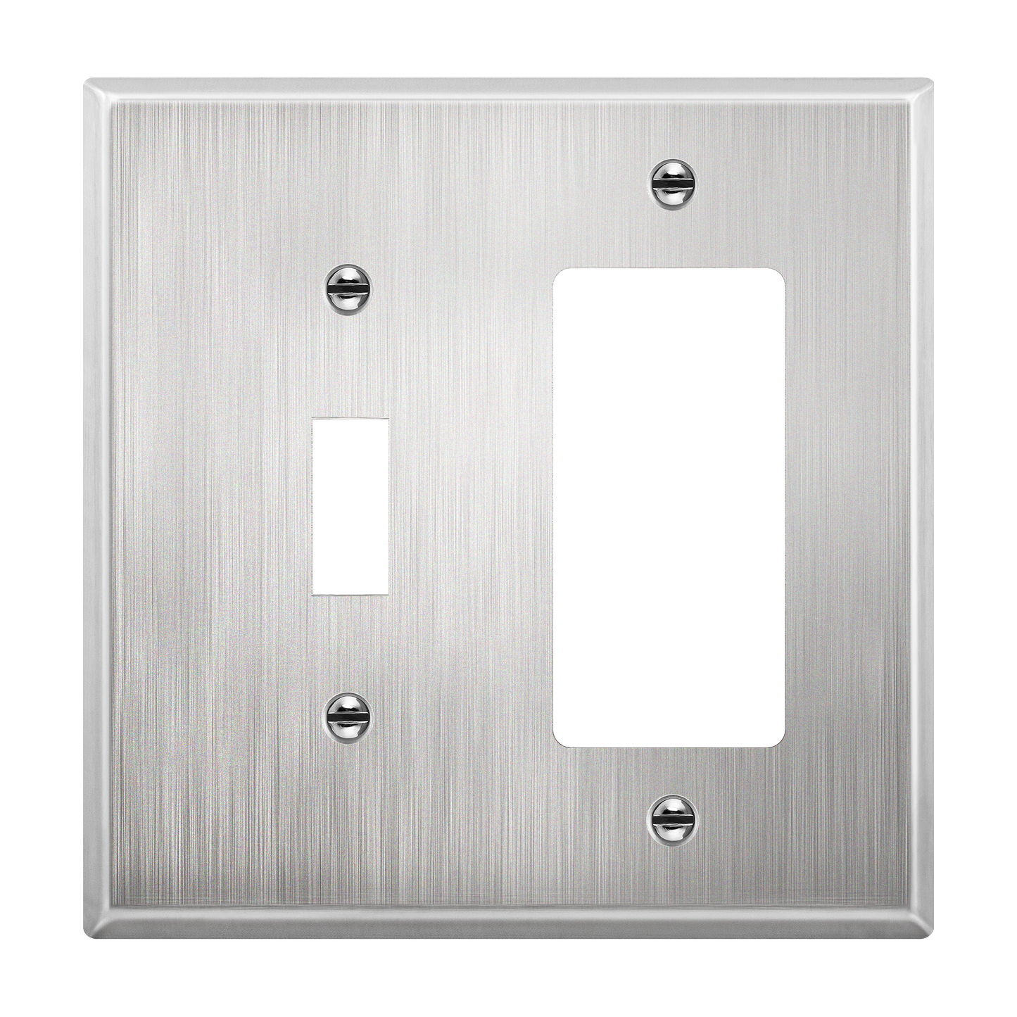 Combination Toggle Switch and Decorator Receptacle Metal Wall Plate, Corrosion Resistant, Stainless Steel, 2-Gang, Mid-Size