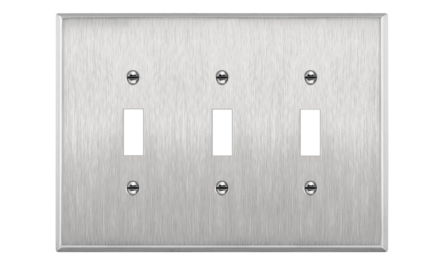 Toggle Light Switch Metal Wall Plate, Stainless Steel Switch Cover, Corrosion Resistant, 3-Gang, Mid-Size