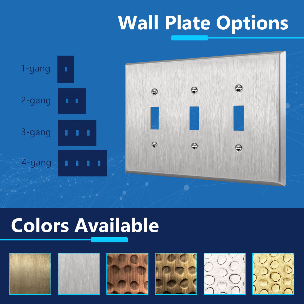 Toggle Light Switch Metal Wall Plate, Stainless Steel Switch Cover, Corrosion Resistant, 3-Gang, Mid-Size